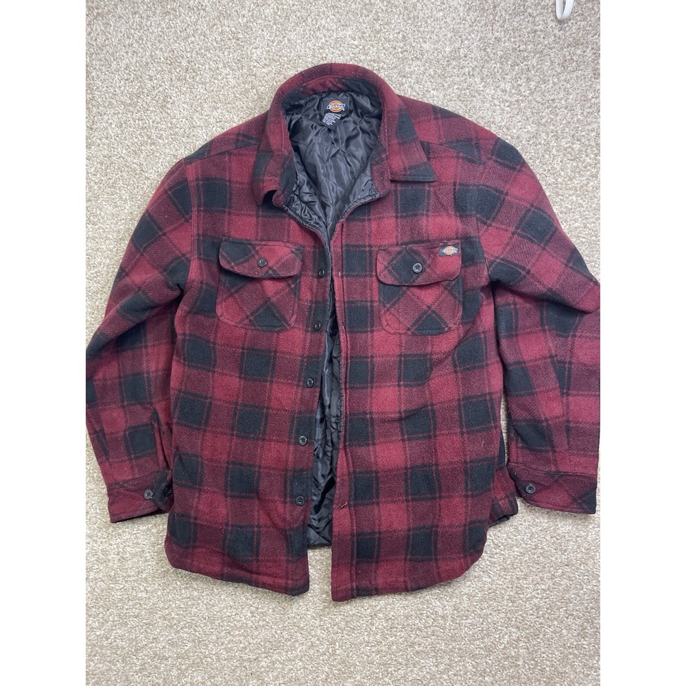 Dickies Flannel Plaid Quilted Lined Button Up Work Jacket Black/Red Mens L